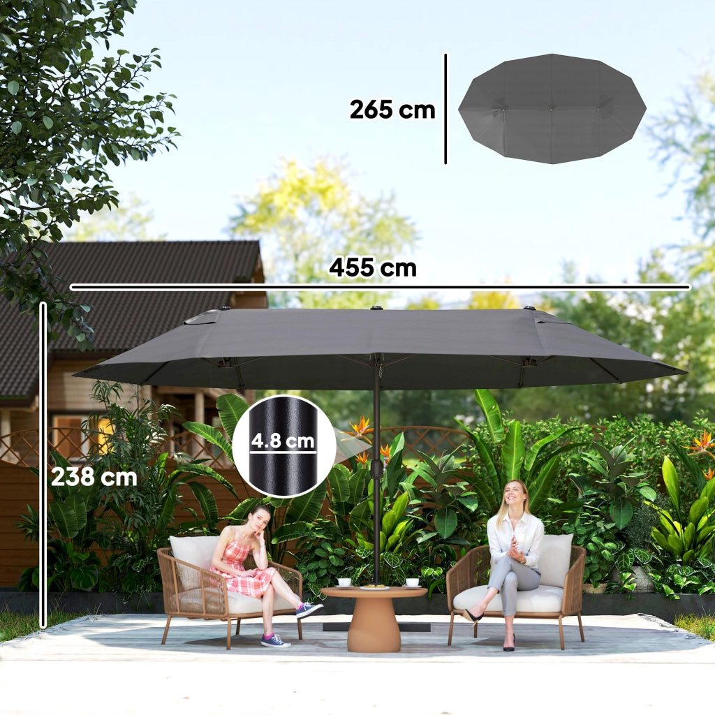 Ombrellone Doppio a 12 Stecche 455x265x238 cm con Base a Croce e Manovella in Acciaio e Poliestere Grigio