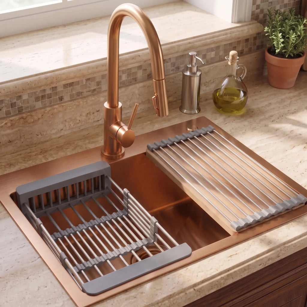 Lavello In Acciaio Con Set Di Accessori 3 Pz. Rea Liam Brush Copper Accessori grigi