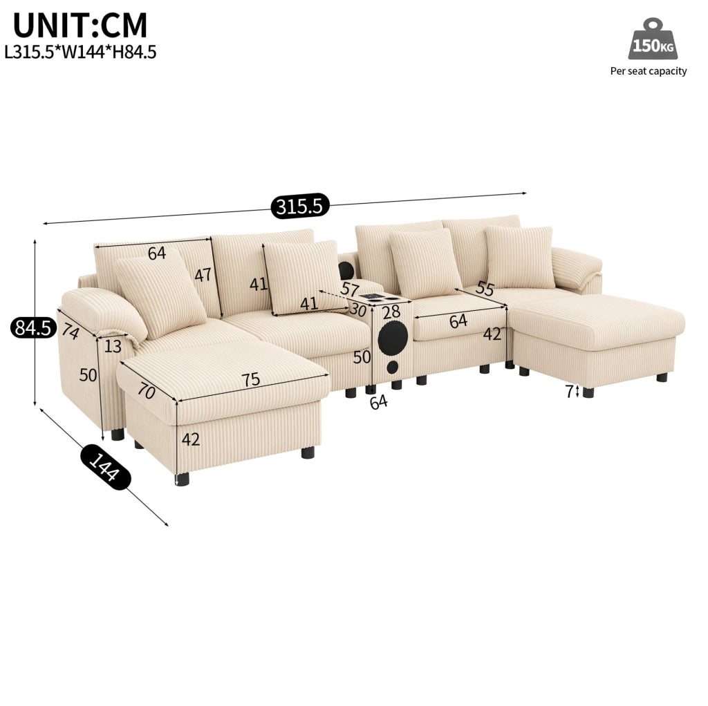 Sofa modulare con Bluetooth; ricarica wireless; USB e Type-C; contenitore; beige