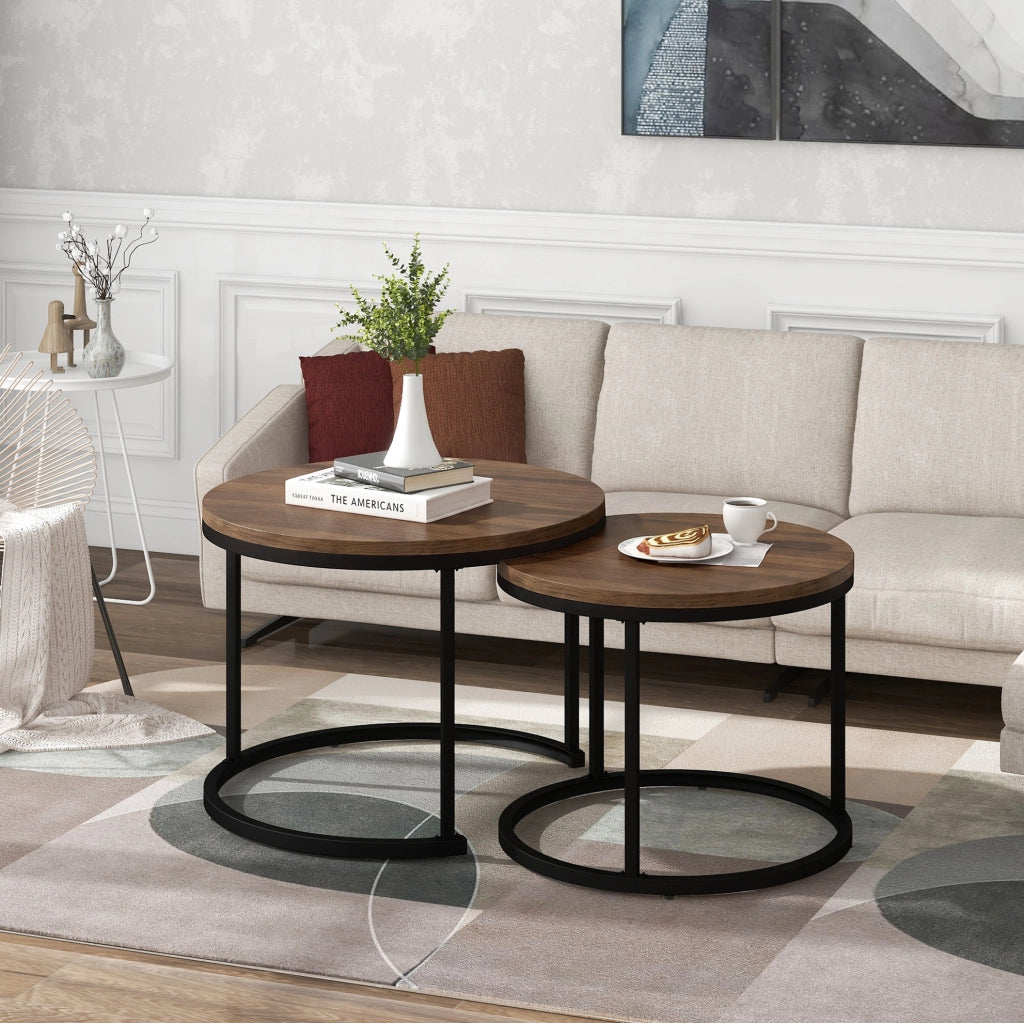 Tavolini rotondi set 2 50 x 70,5 cm noce e nero MDF, impilabili