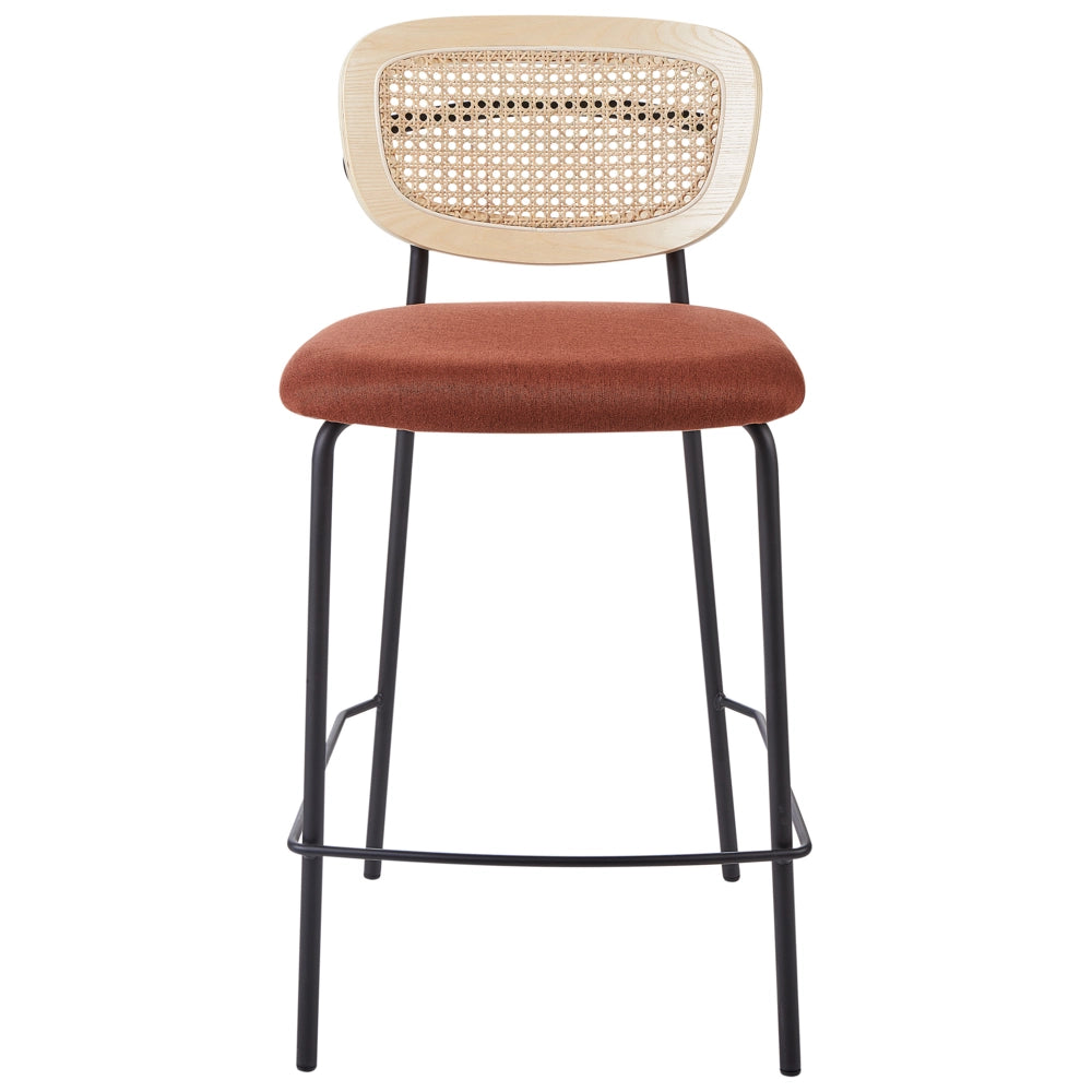 Set di 2 sedie da bar Arancione Rivestimento in poliestere nero Schienale in rattan naturale a treccia viennese Gambe in metallo nero Sgabelli senza braccioli