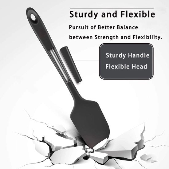 Grilltang in acciaio inossidabile, set di utensili da cucina, spatola in silicone + cucchiai da cucina in silicone, BPA-free, non-stick e design unico senza giunzioni per cucinare e cuocere (nero)