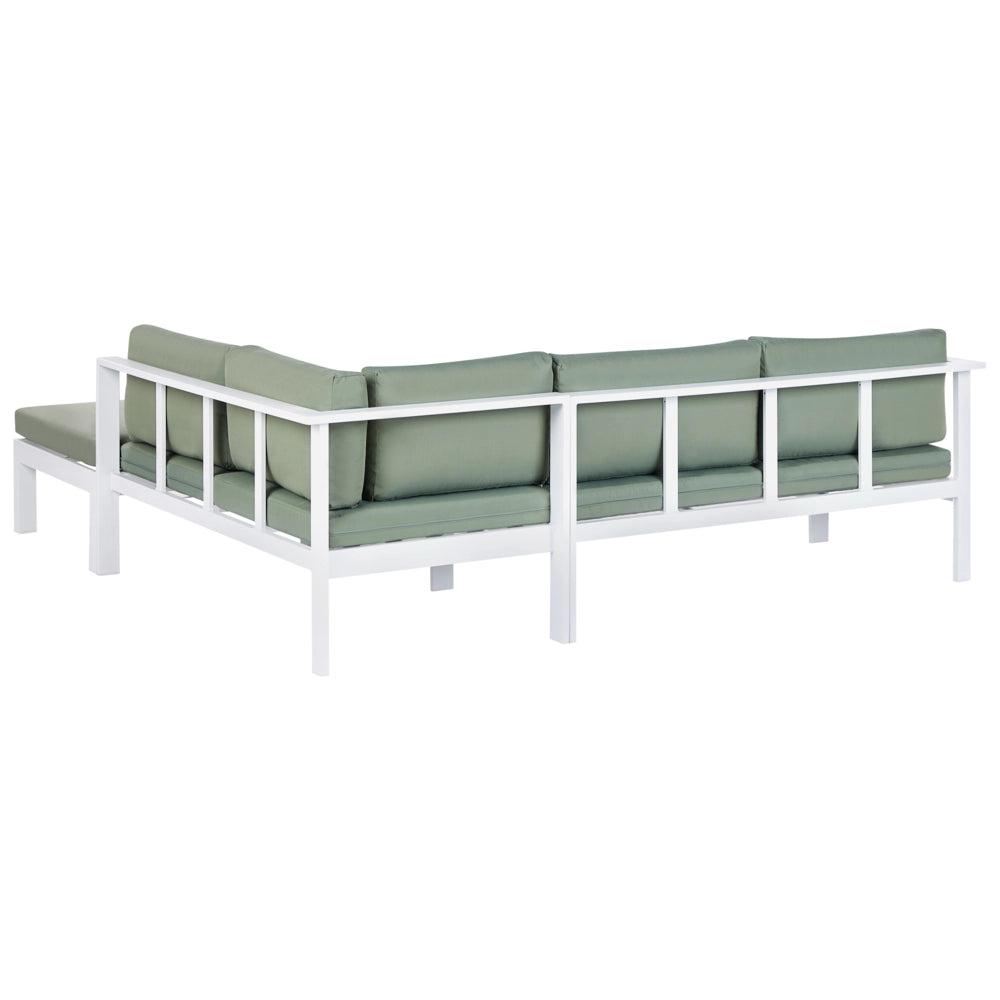 Set da giardino divano 5 posti e tavolo elevabile con struttura bianca e piano in vetro e cuscini bianchi e verdi stile moderno scandinavo