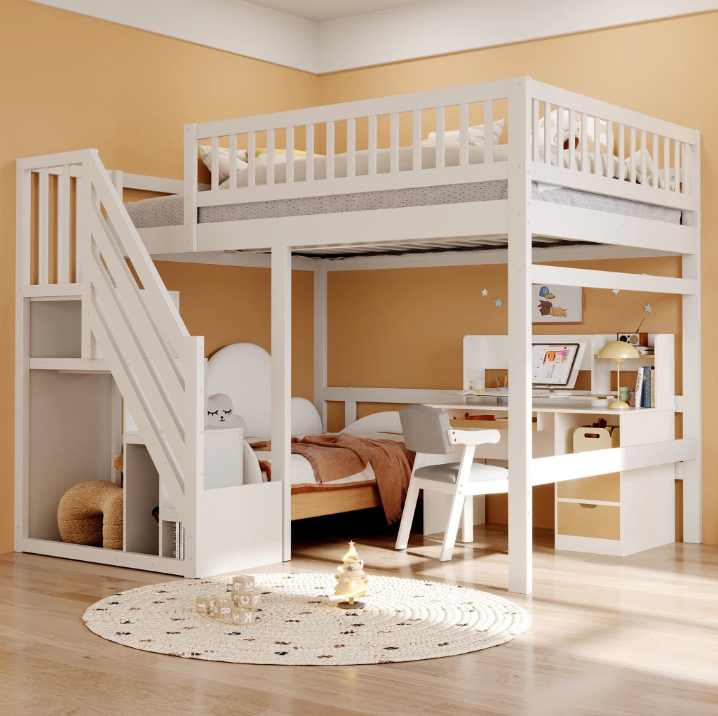 Letto per ragazzi 140x200 cm con scala contenitore bianco