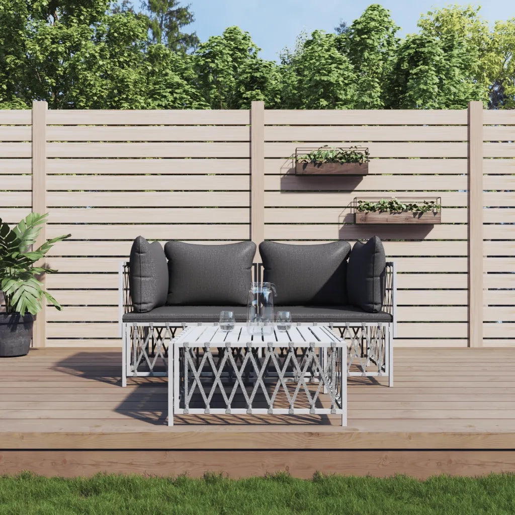 Set Salotto da Giardino 3 pz | Set di Mobili da Esterno con Cuscini in Acciaio Bianco