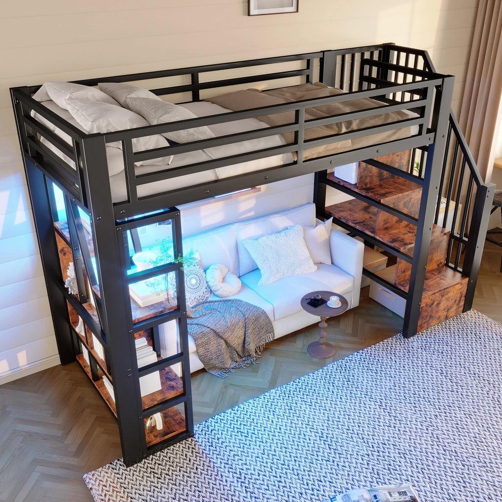 Letto a soppalco 90 x 200 cm con LED e contenitori