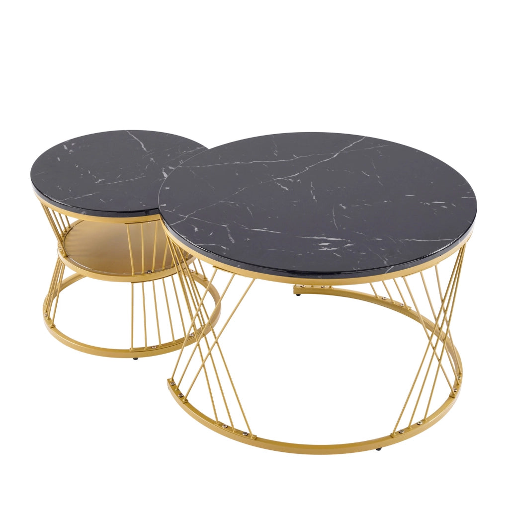 Set di 2 tavolini da salotto rotondi nesting 70/45 cm in MDF nero; effetto marmo