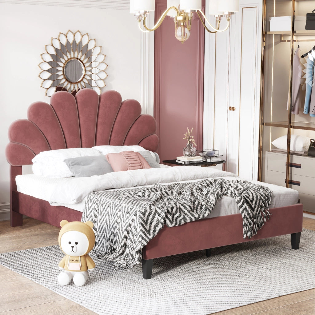 Letto Matrimoniale 140×200 cm; Letto Imbottito con Testiera Floreale; senza Materasso; Velluto Rosso