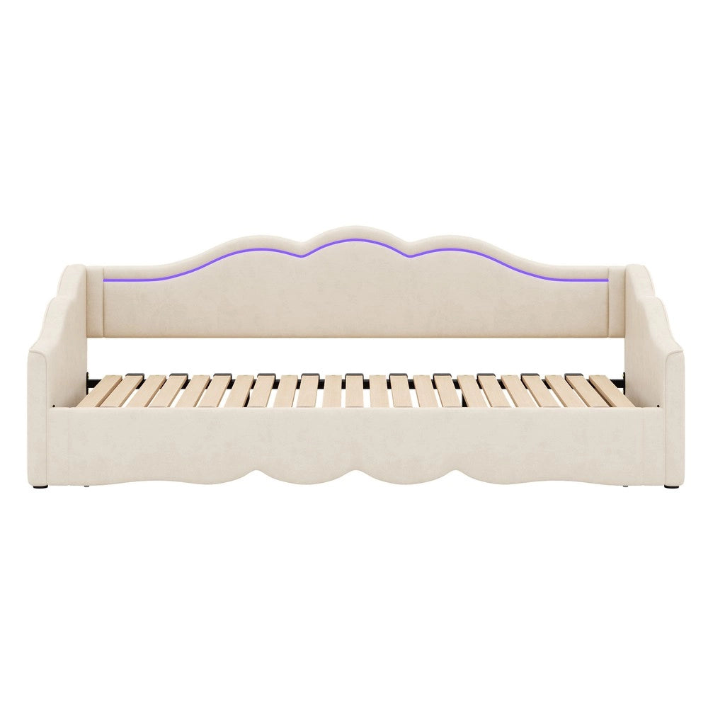 Letto Imbottito Singolo Estraibile con LED ¨C Xylo ¨C Beige Velluto 90x200 cm