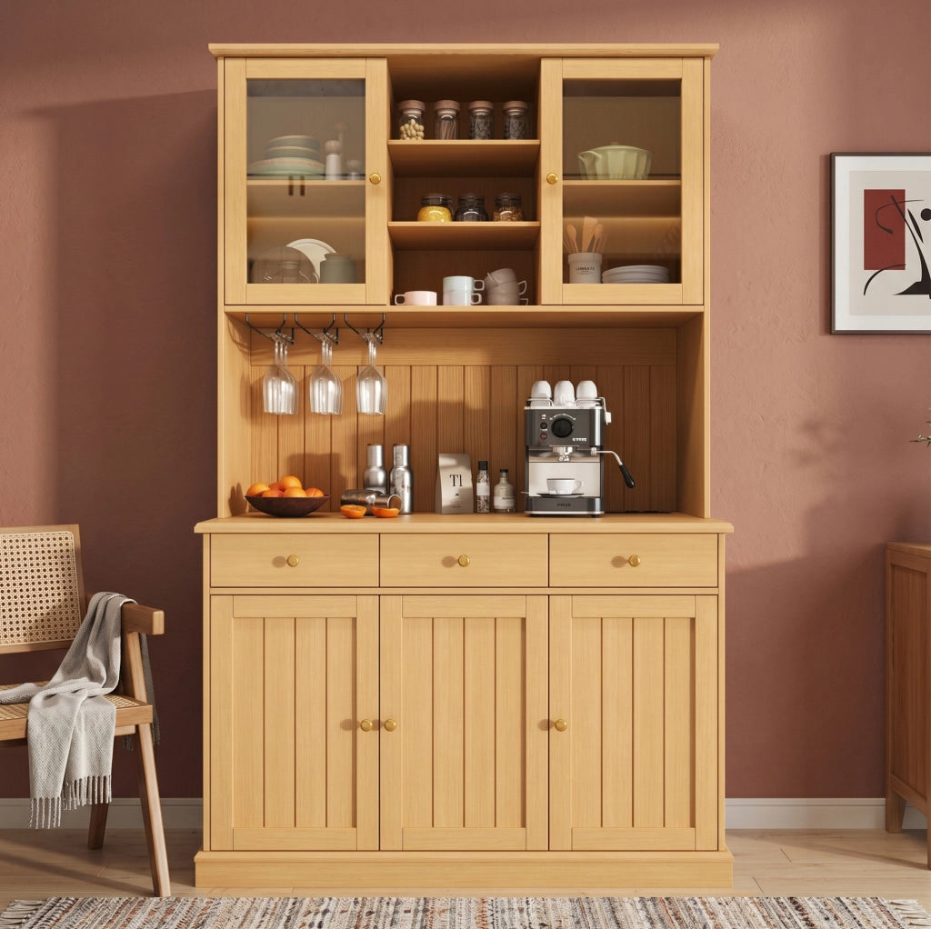 Credenza buffet alta 120x40x191 cm in legno naturale con ante in vetro; prese USB e schuko