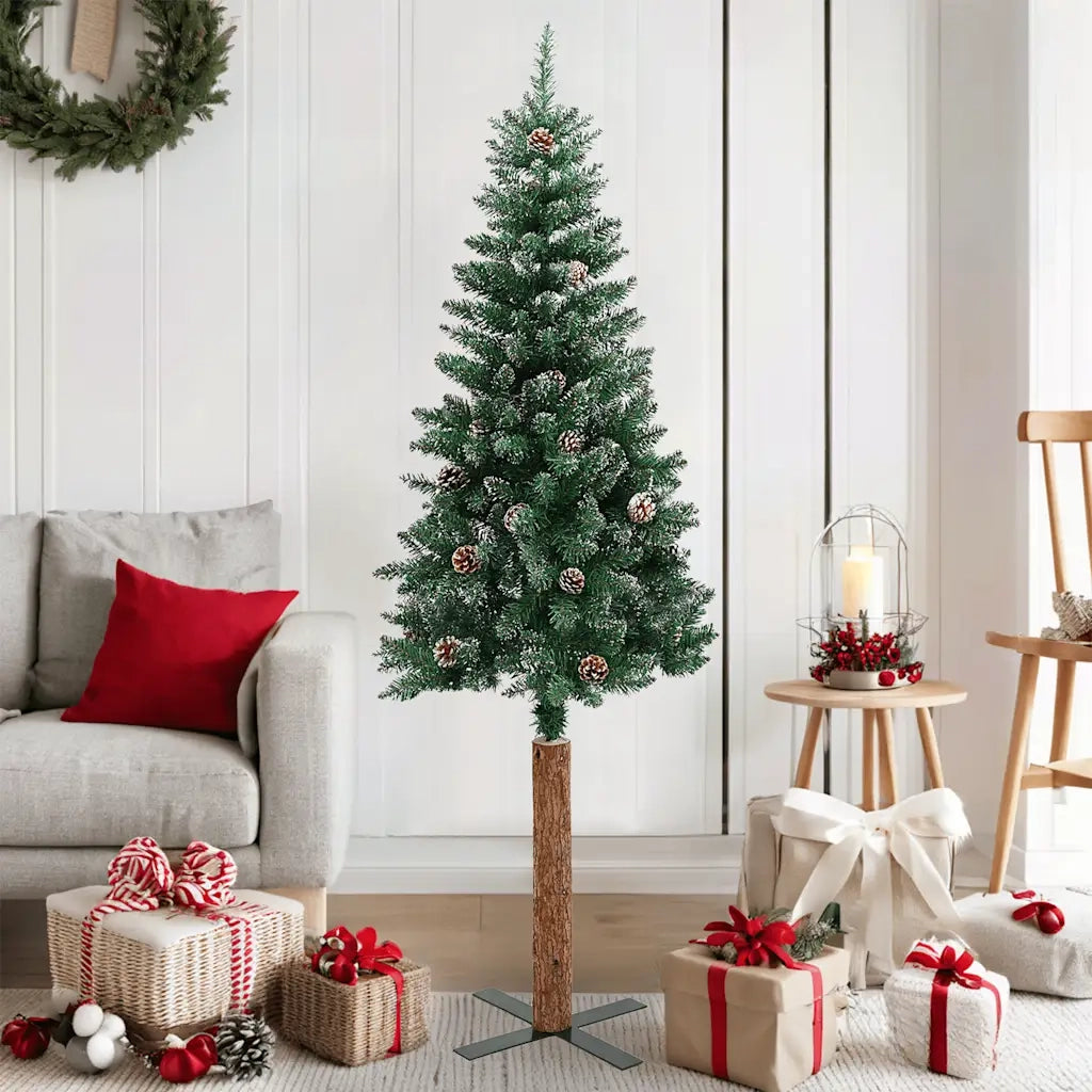 Albero di Natale | Decorazioni natalizie Sottile con Legno Vero e Neve Verde 150 cm