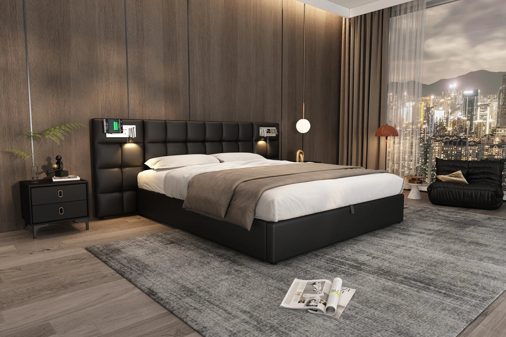 DESMIU Letto contenitore 180 × 200 cm 2 posti con USB, ricarica wireless, luce, senza materasso, in PU, nero