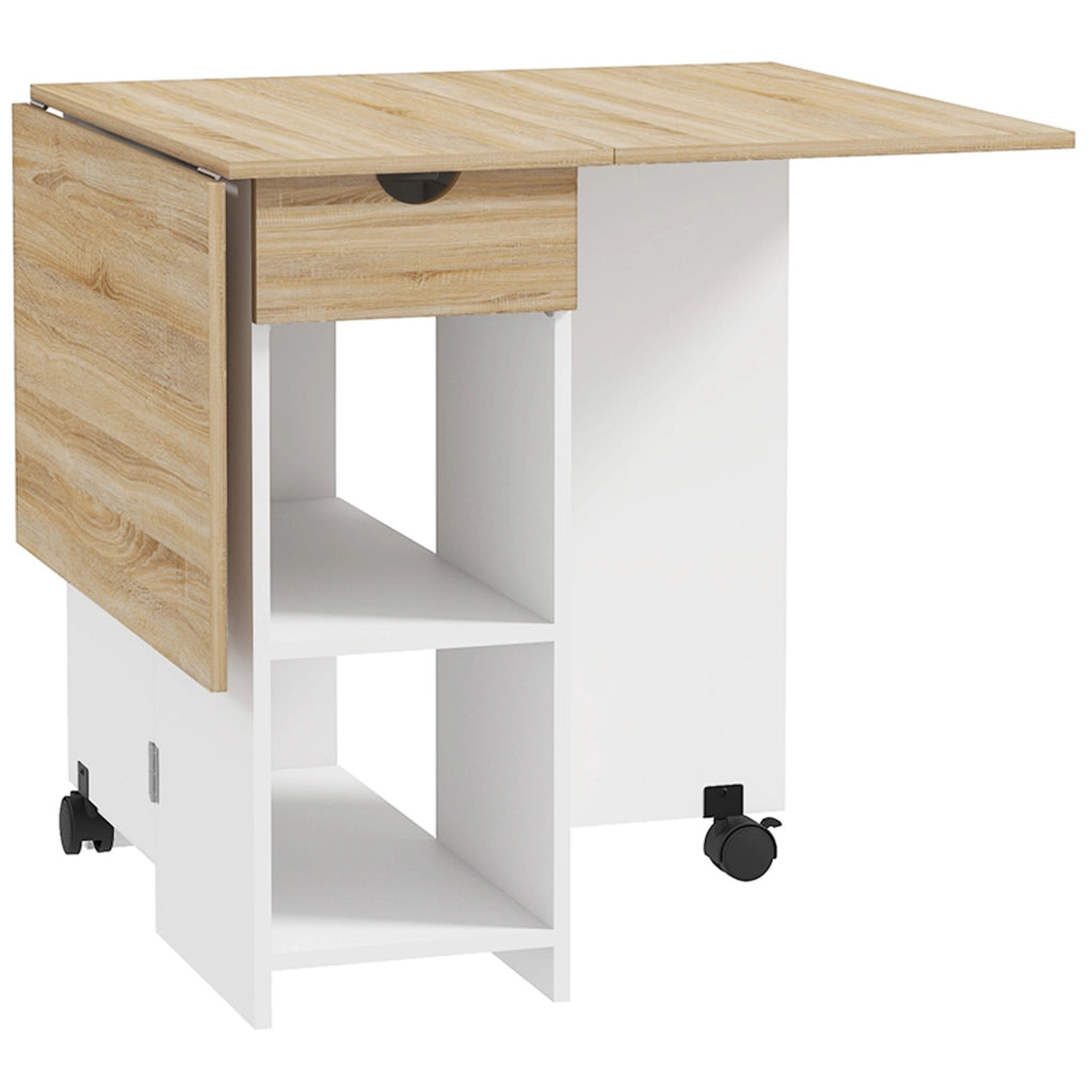 Tavolo da Pranzo Salvaspazio Pieghevole a Ribalta 120x72x75 cm con Cassetto e Ripiani in Melamina Rovere