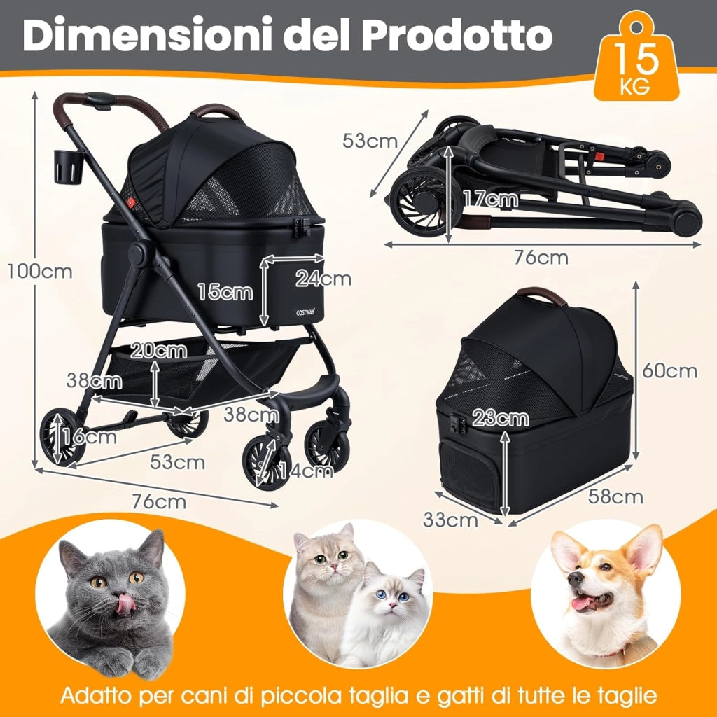 3-in-1 Passeggino per Cani, Carrozzina per Cani Rimovibile Fino a 15 kg con Tetto in Rete Regolabile, Cesto Portaoggetti e Cintura di Sicurezza, Passeggino Portatile per Cagnolino (Nero)