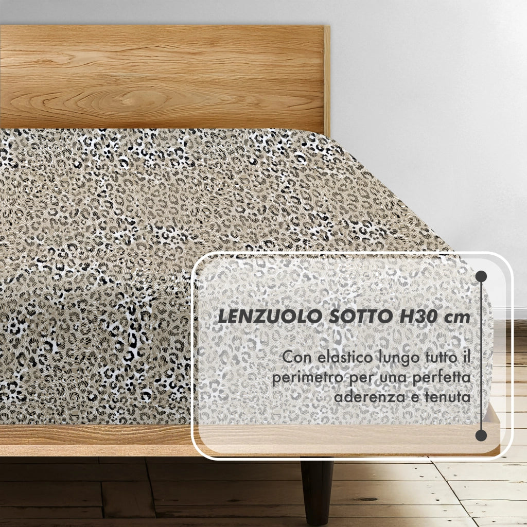 Completo Letto Matrimoniale No Stiro Set Lenzuola In Morbida Microfibra Anallergica Lenzuolo Sotto Con Angoli Elastici Fino 30 Cm, Lenzuolo Teso Sopra 2 Federe Prodotto Italiano  Animalier