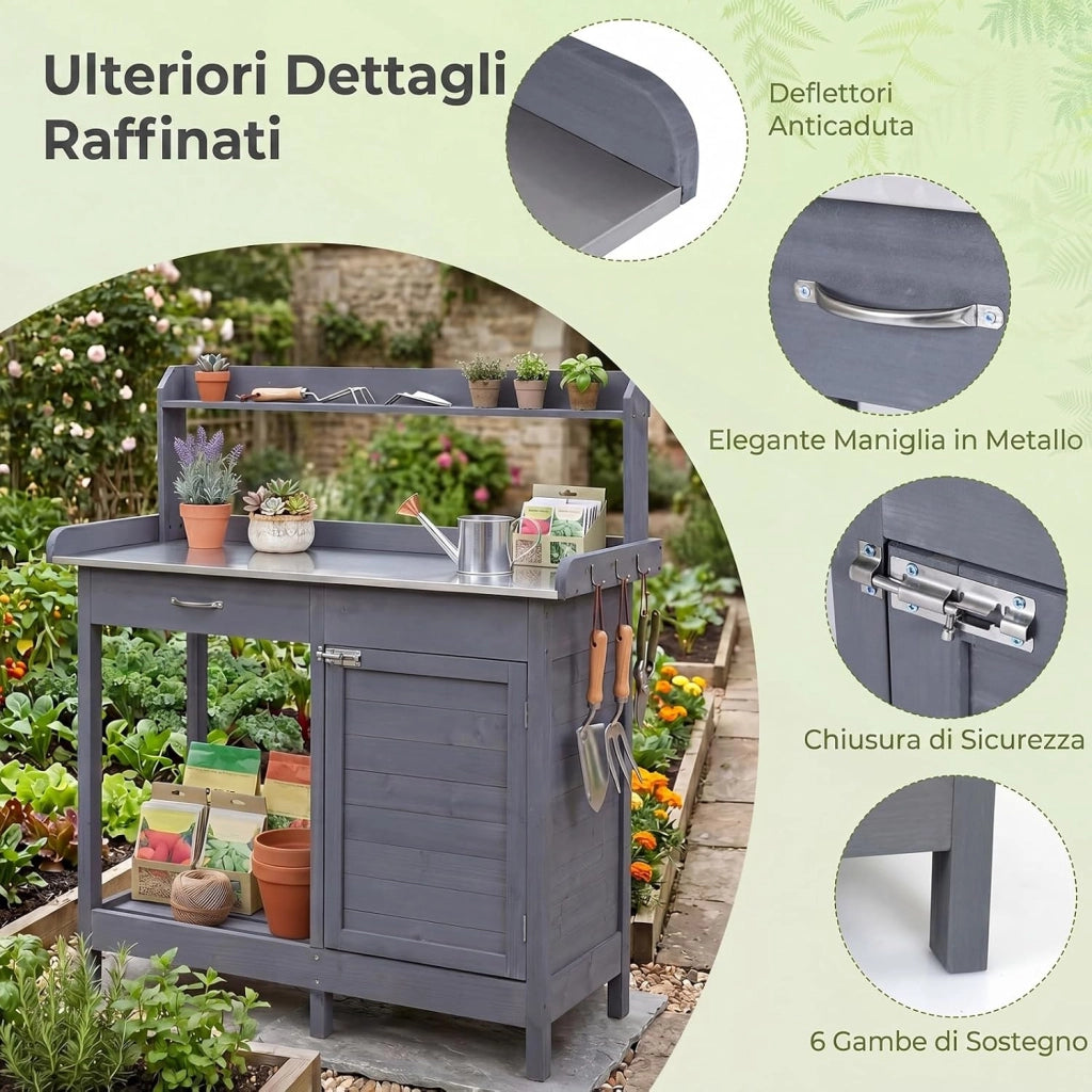Tavolo da Giardinaggio in Legno con Piano in Acciaio (Grigio) | Tavolo per Piante con Ripiani Aperti, Armadietto, Cassetto e 3 Ganci, Banco da Lavoro per Giardino e Balcone, 112x46,5x125 cm