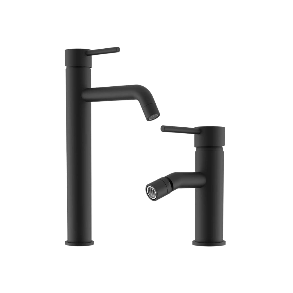 Set miscelatore lavabo alto e bidet senza scarico in ottone nero opaco | Ava