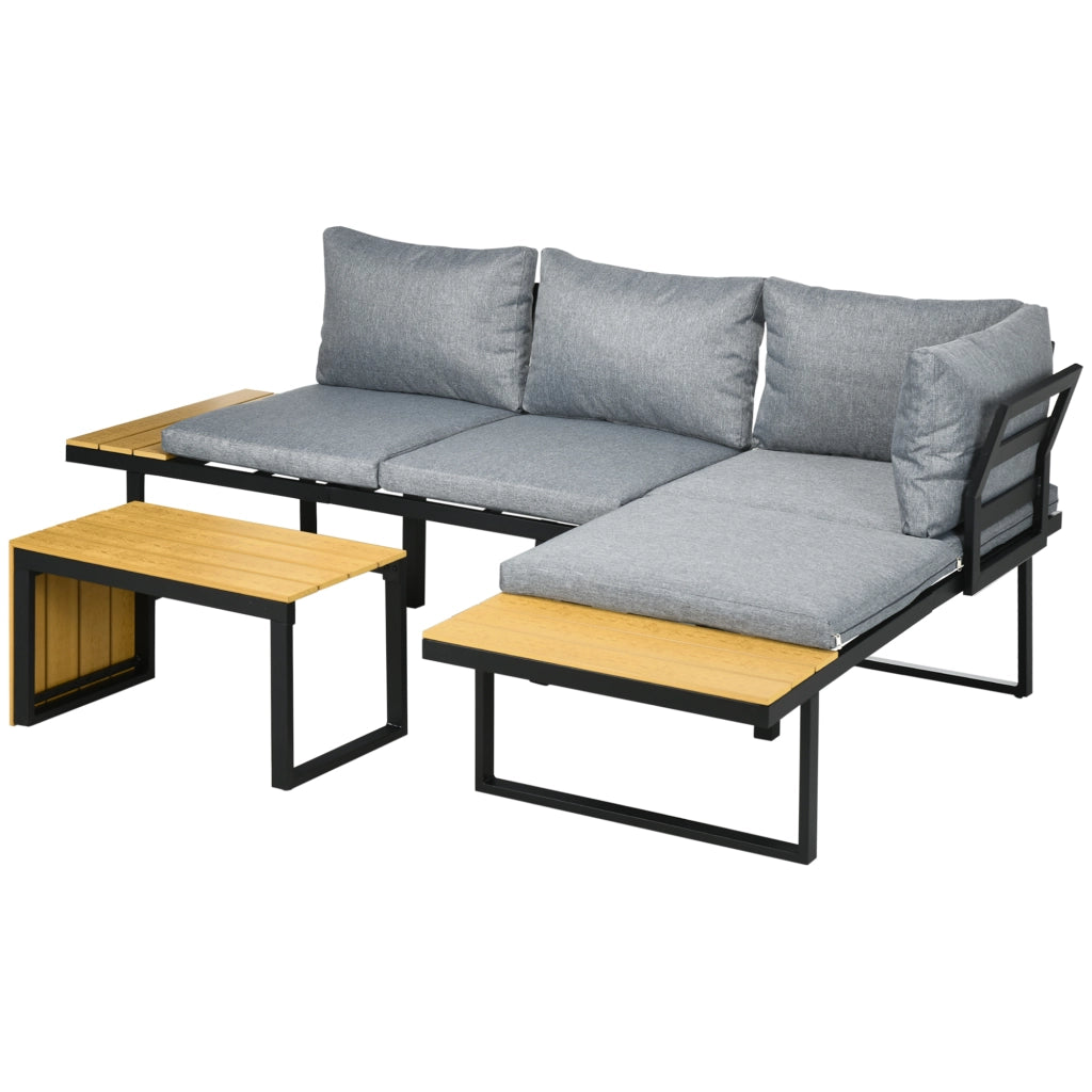 Set da giardino per 3 persone con cuscini ¨C zephmum ¨C telaio in alluminio, effetto legno, grigio scuro e naturale