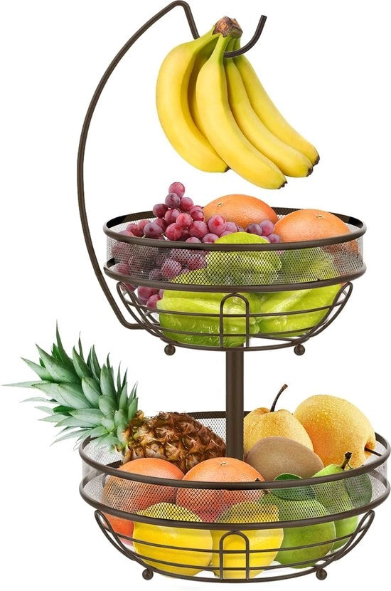 Fruitiera a 2 livelli, con uncino banana, ciotola frutta metallica a 2 livelli. Ciotole frutta rimovibili, fruitiera da tavolo, frutta o verdura quotidiana, portascale a muro, bronzo.