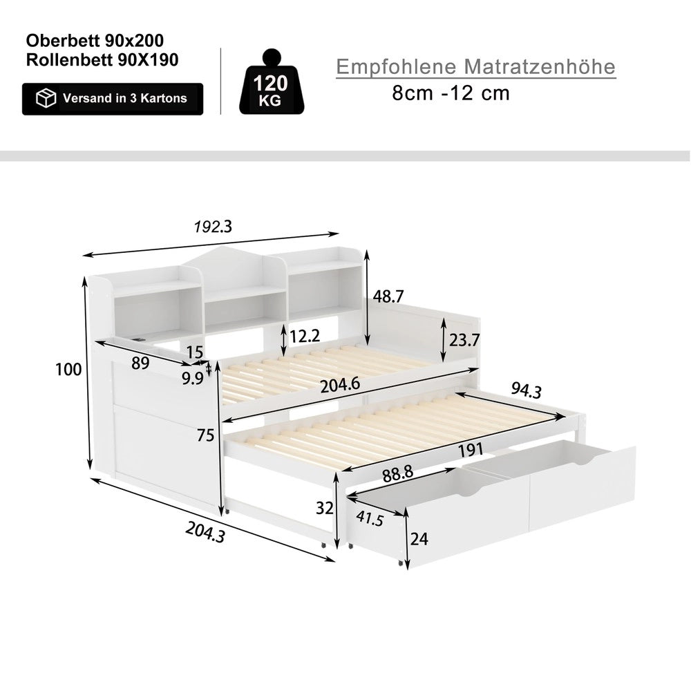 Divano letto singolo con cassetti ¨C Minimal ¨C bianco, legno, 90x200