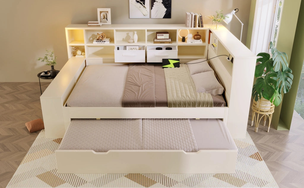 Letto estraibile 140 × 200 cm et 90 × 190 cm, 8 vani contenitore, 3 USB et 1 Type-C, senza materasso, bianco