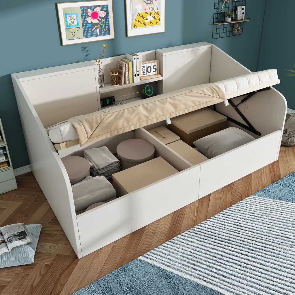 LETTO DA GIORNO 90x200 cm Bianco in Legno con ricarica USB/Type-C