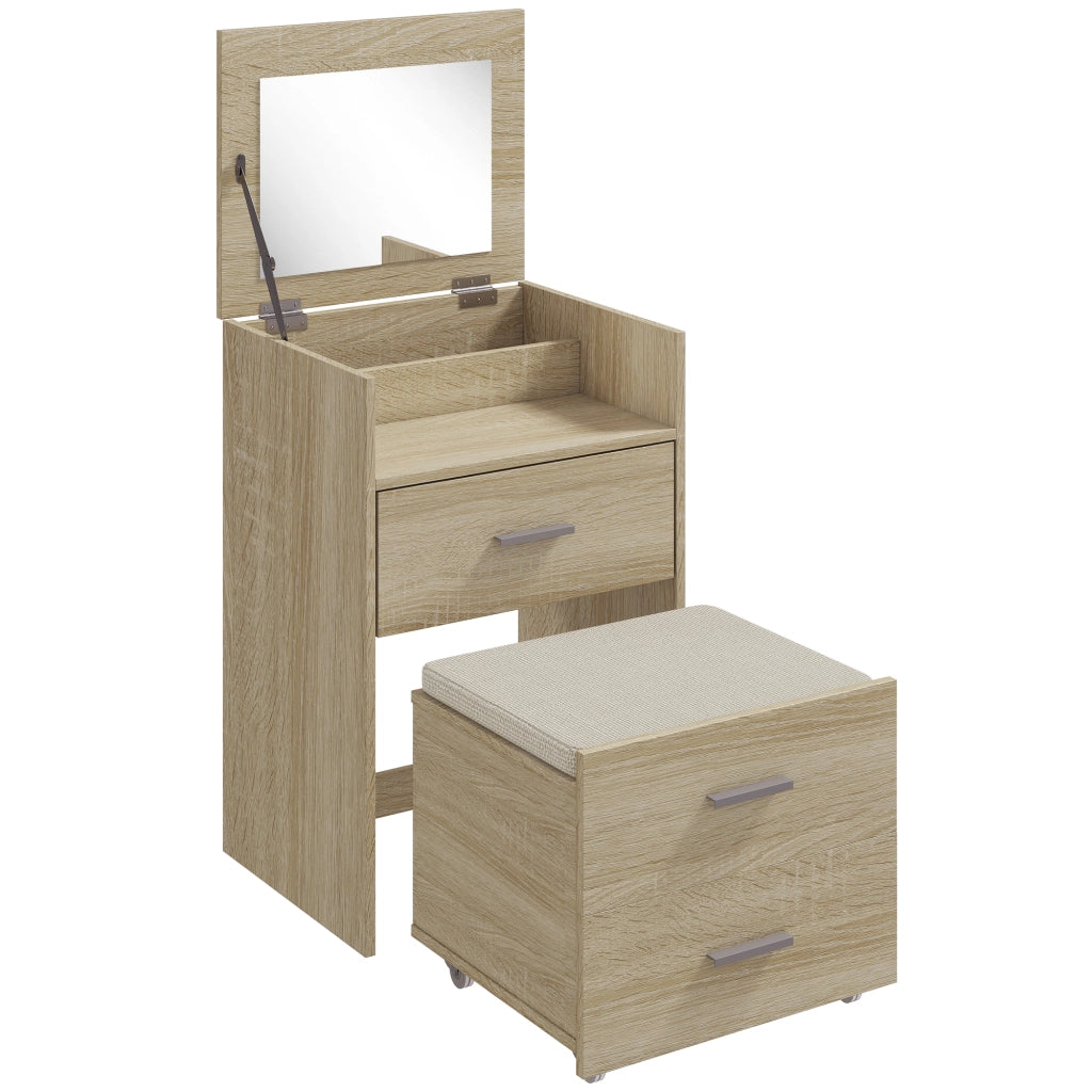 Tavolo Trucco Toeletta 50x40x113,5 cm con Specchio a Ribalta e Sgabello a Scomparsa in Legno Naturale