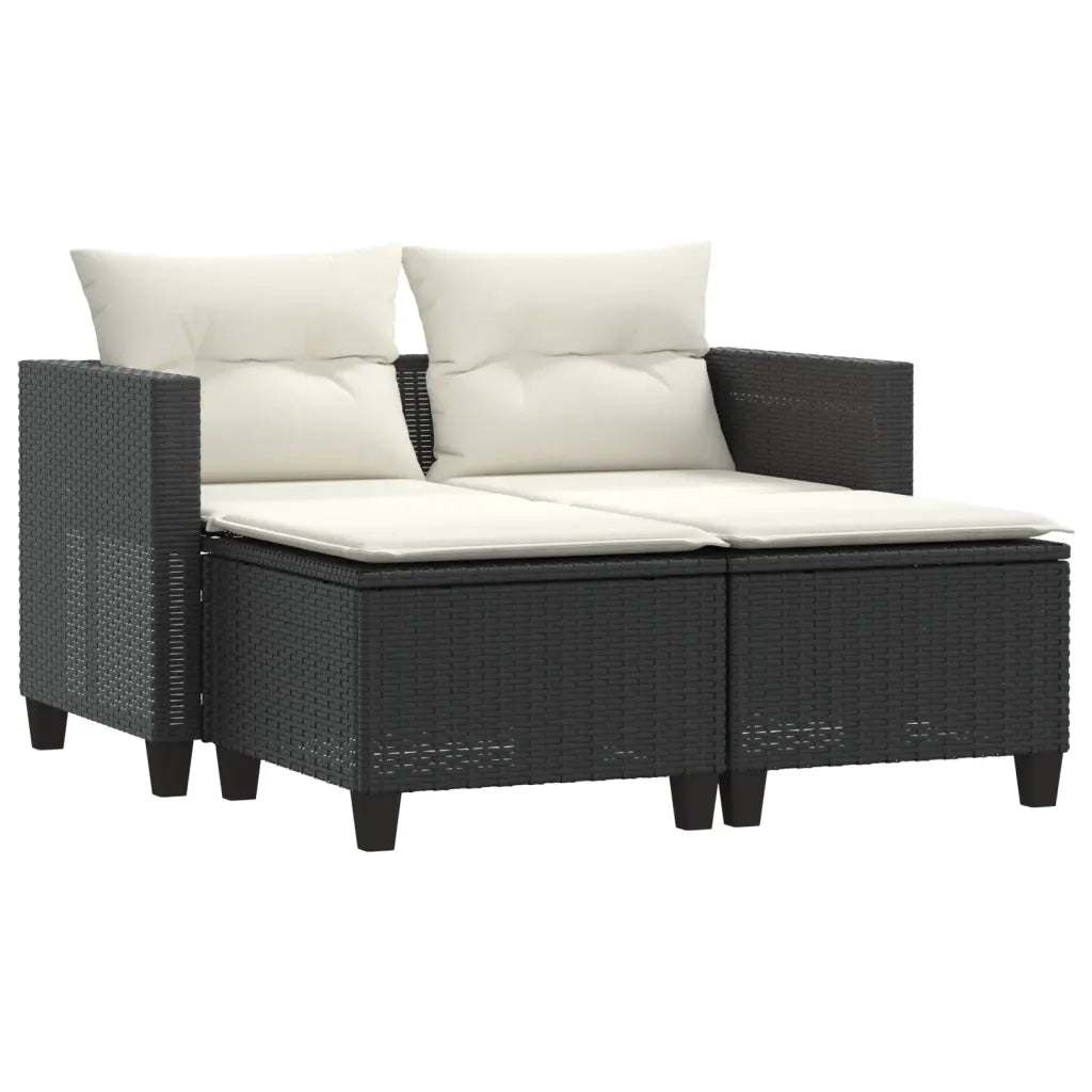 Divano da Giardino 2 Posti con Sgabelli Nero in Polyrattan 365790