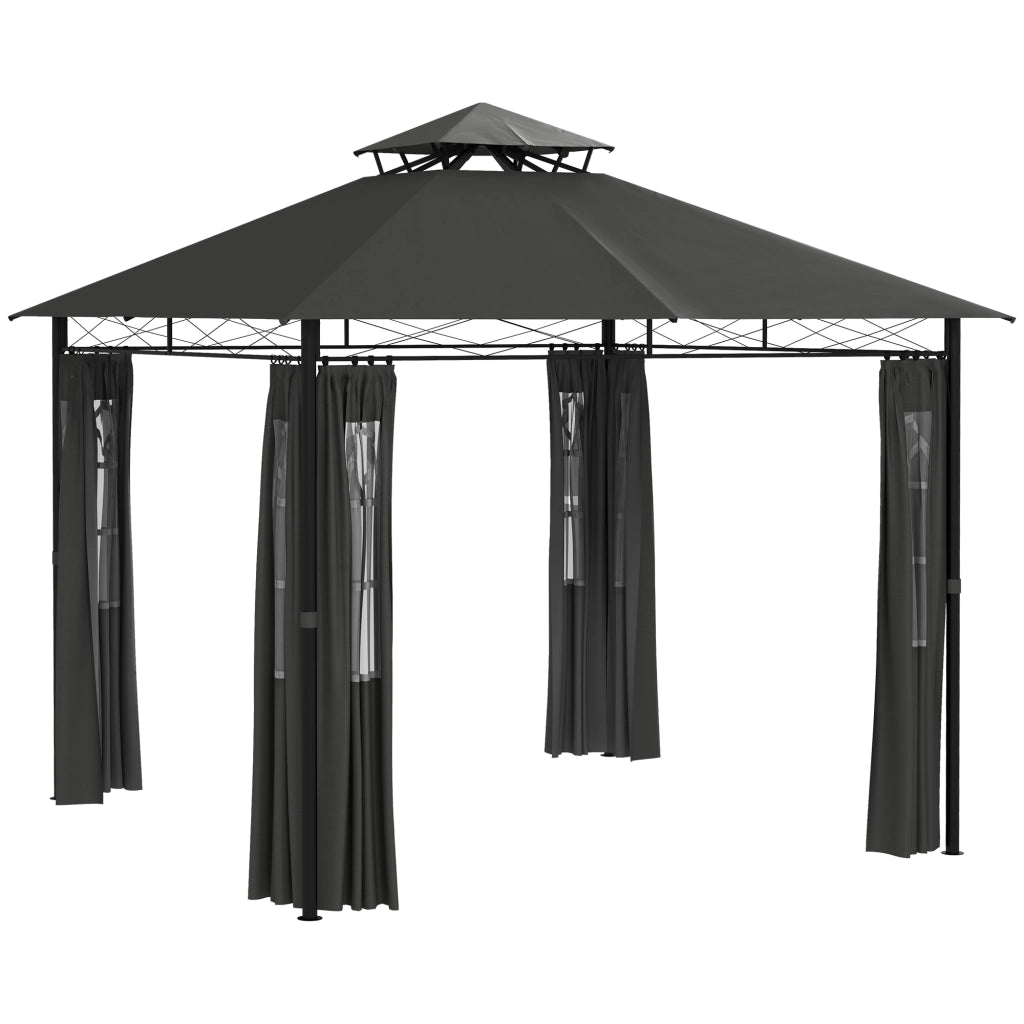 Gazebo da giardino 2,95 x 2,95 m con tetto a doppio strato e tende rimovibili, struttura in metallo, grigio scuro