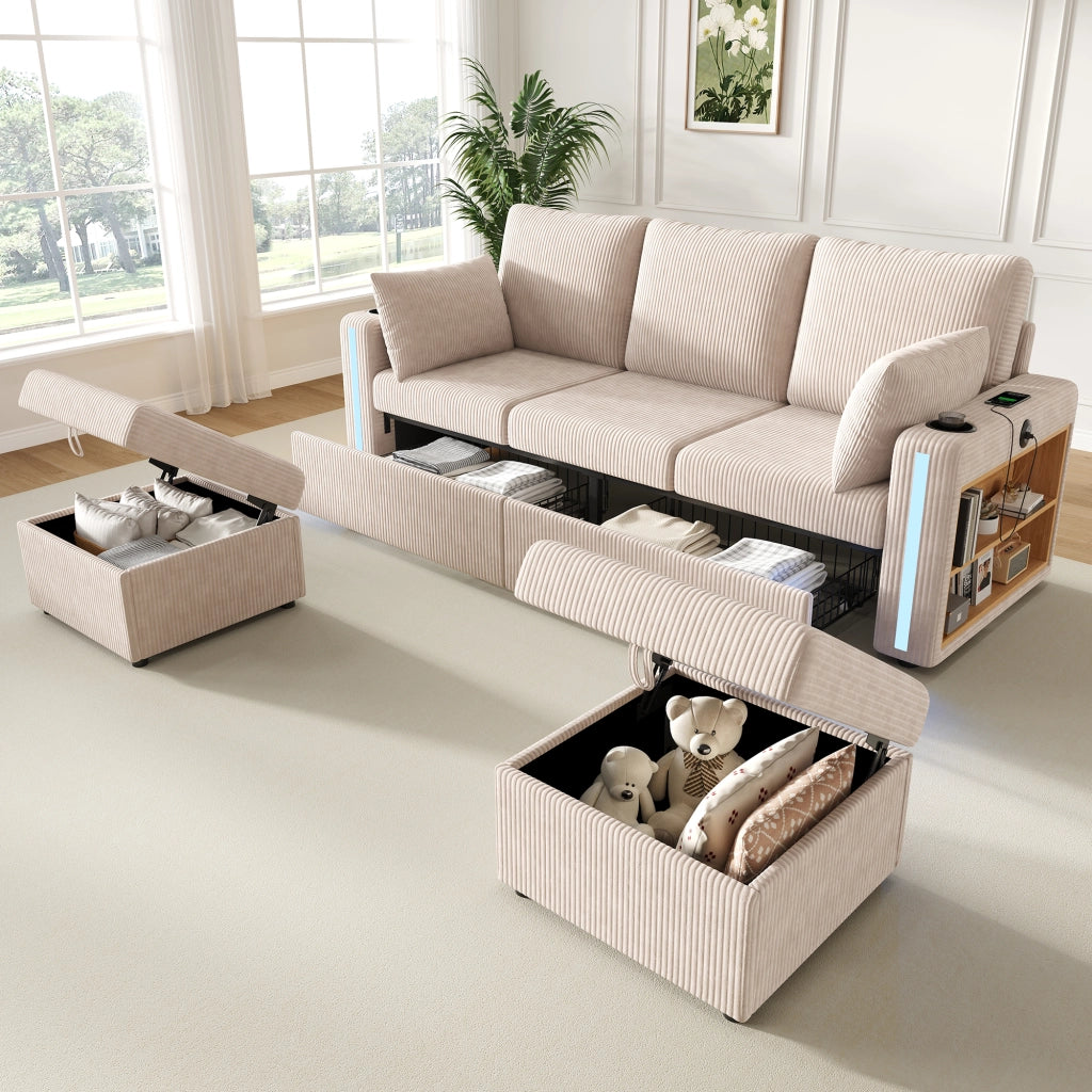 Divano angolare modulare in tessuto a coste con seduta contenitore, LED, USB e porta bicchieri beige