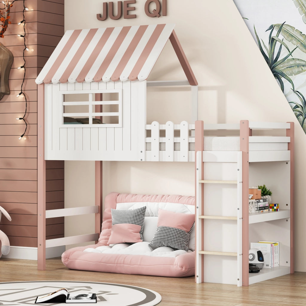Letto a castello rosa in legno massello con funzione letto alto e basso 90x200 cm