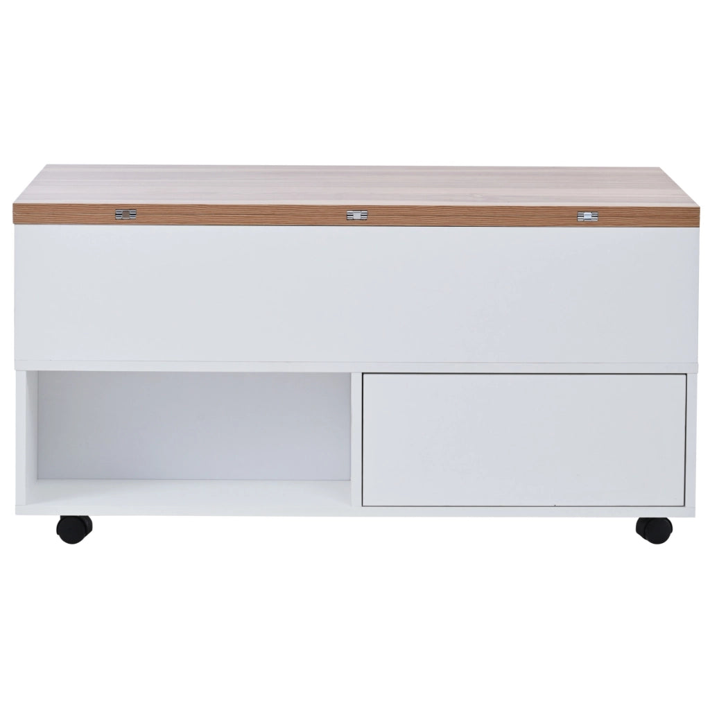 Tavolino da caffè 100x50x52 cm con piano sollevabile; 4 cassetti; ruote; truciolare bianco e naturale