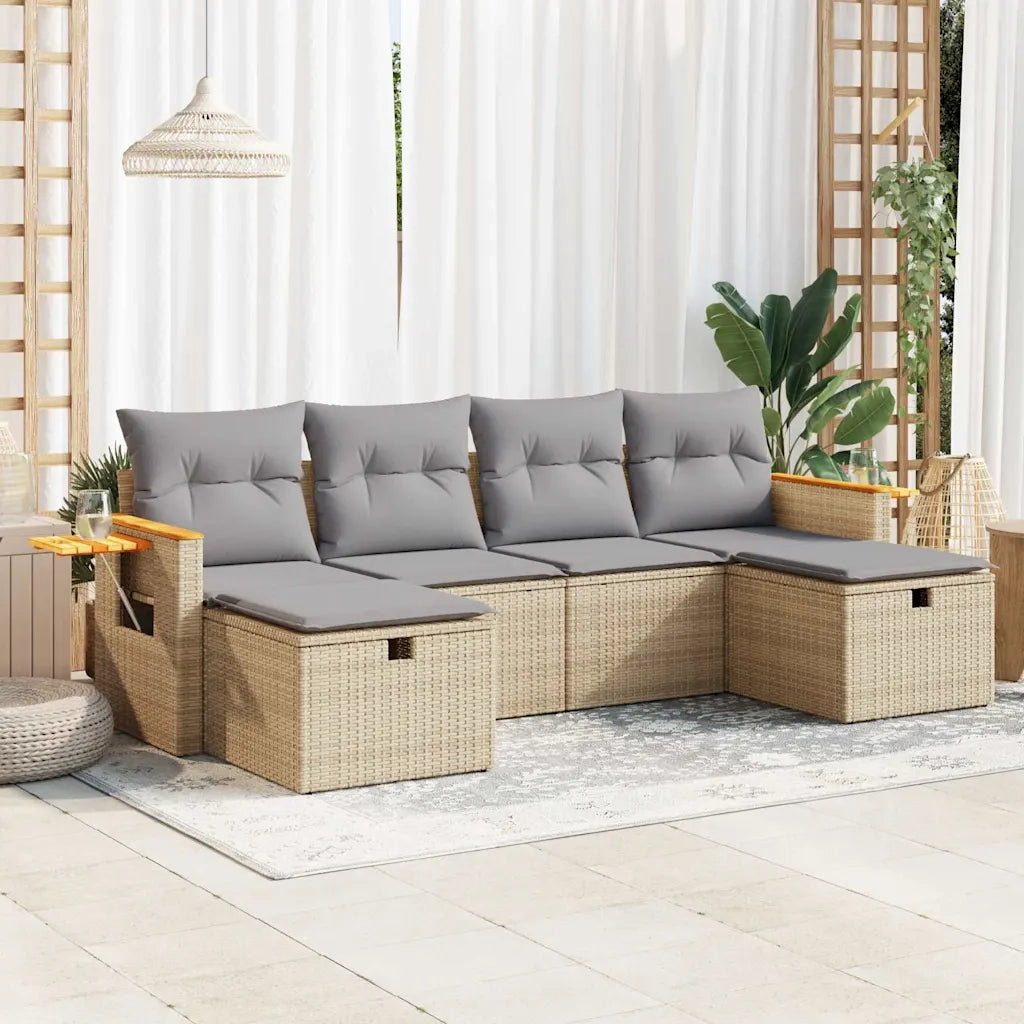 Set Divano da Giardino 6 pz con Cuscini Beige in Polyrattan