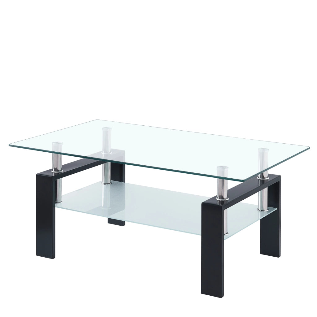 Tavolino da caffè con piano a 2 livelli - per soggiorno - in vetro e metallo - 100×60×44 cm - trasparente