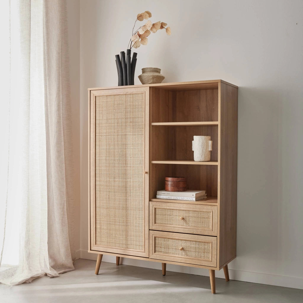 Credenza con decoro in canna e legno, 101.5cm, marrone naturale