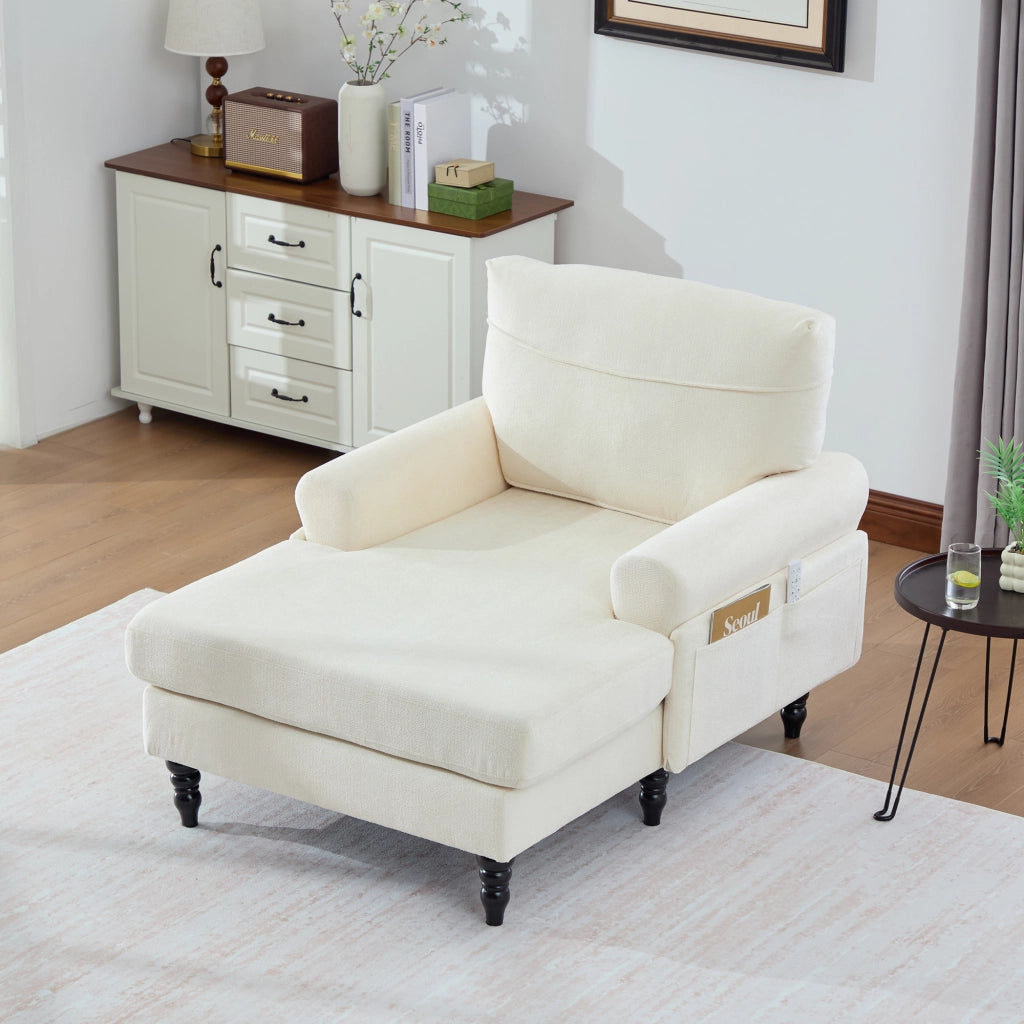 Poltrona Relax Con Tasche Laterali Seduta Extra Larga Schienale Avvolgente Piedi In Legno Massello in Ciniglia Beige