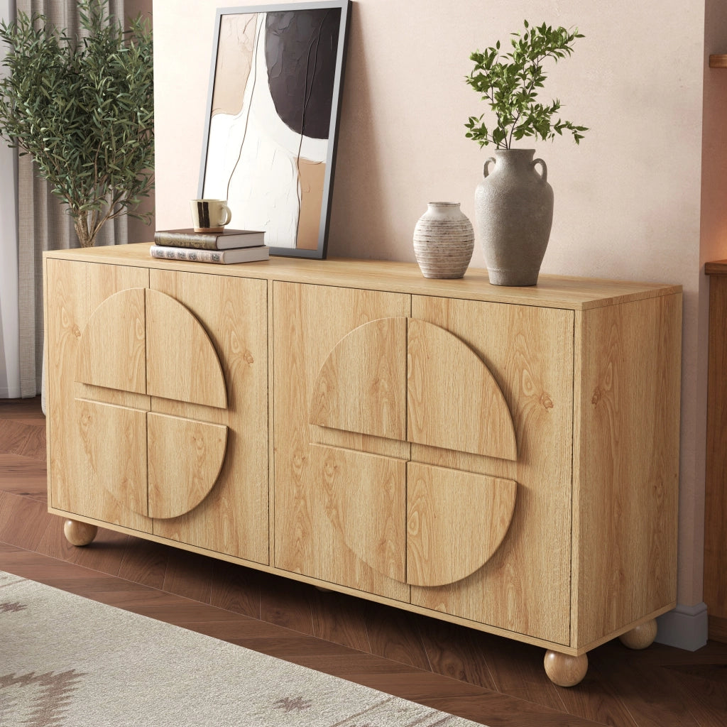 Sideboard a 4 ante con rilievo circolare; 160x38x76 cm; in MDF e pino; naturale