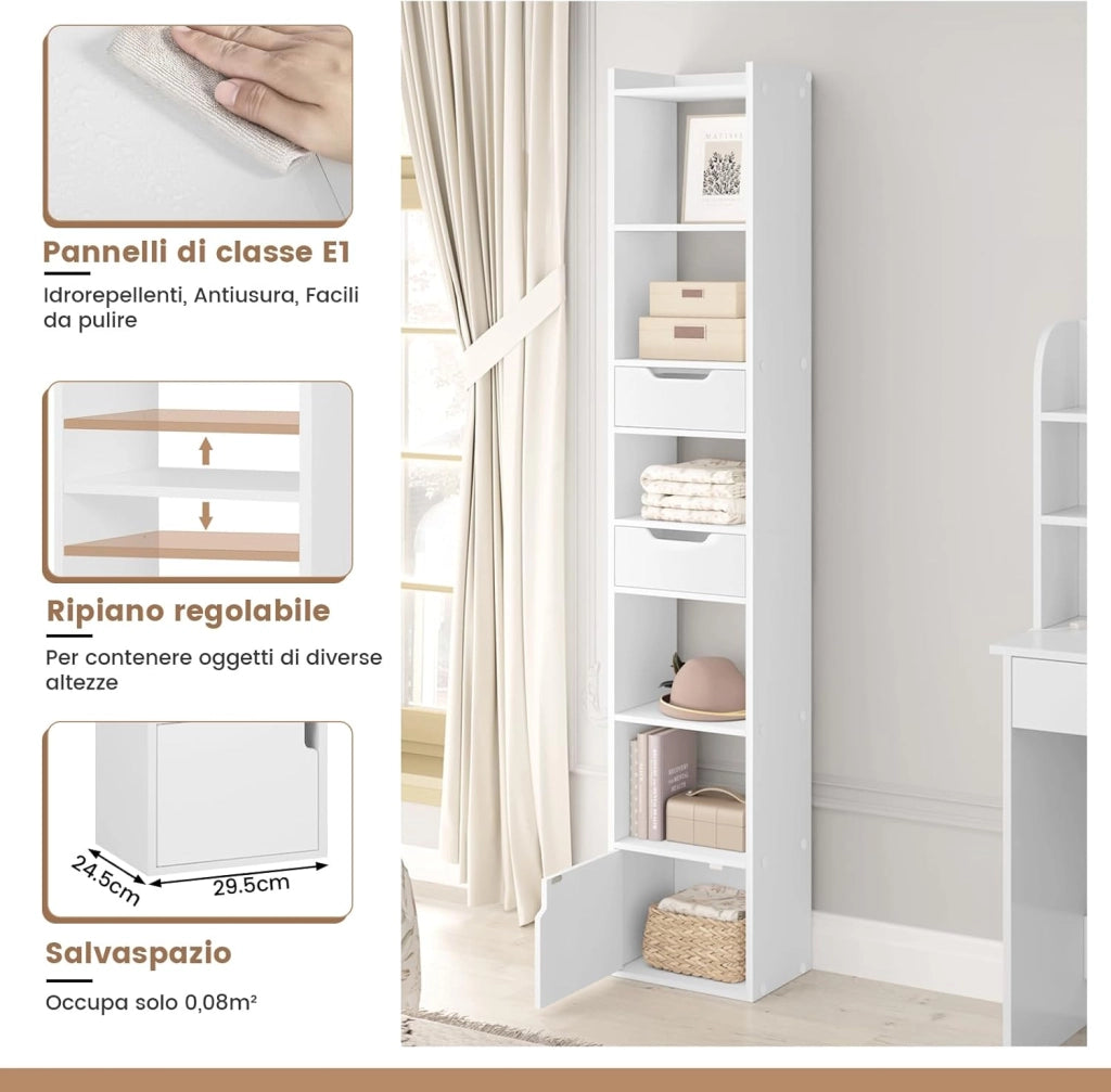 Libreria Verticale Autoportante, Scaffale Salvaspazio, Libreria Stretta e Alta, con 2 Cassetti, 6 Ripiani Aperti e 1 Scomparto con Anta, in Legno, Bianca, SK042ws
