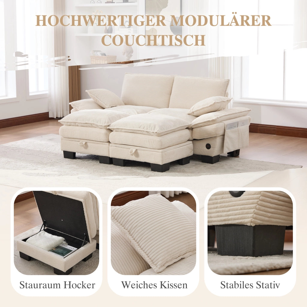 Divano modulare a 2 posti in corduroy con 2 pouf, seduta ampia ergonomica, USB-C e tasche laterali beige