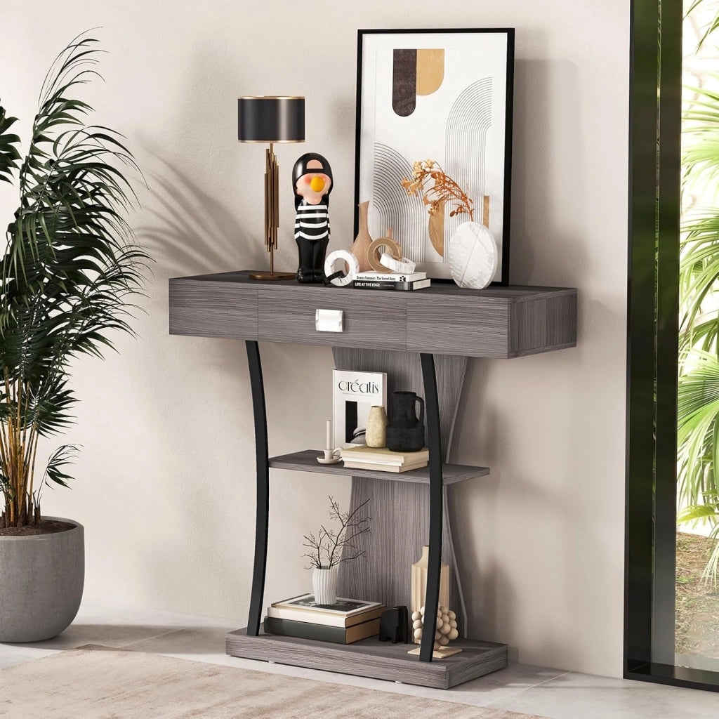Consolle in Legno con Cassetti, Tavolo Ingresso con Ripiani e 2 Kit Anti-ribaltamento, Multiuso e Salvaspazio per Salotto, Camera da Letto e Corridoio, 91 x 30 x 88 cm (Grigio)