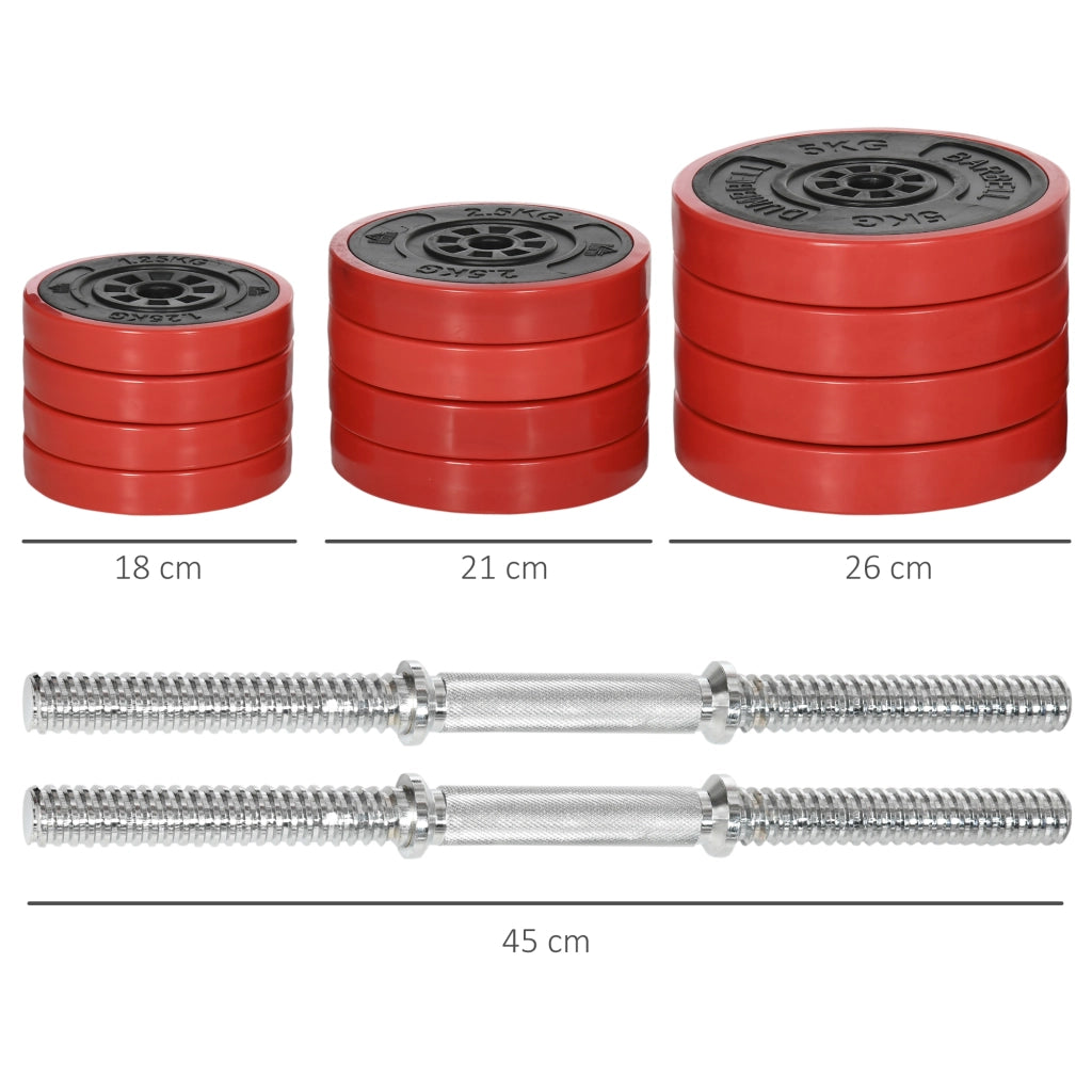Set Manubri 40kg ¨C Xylo ¨C Rivestiti in Gomma, Metallo e Sabbia di Ferro, 45x26x26 cm, Rosso