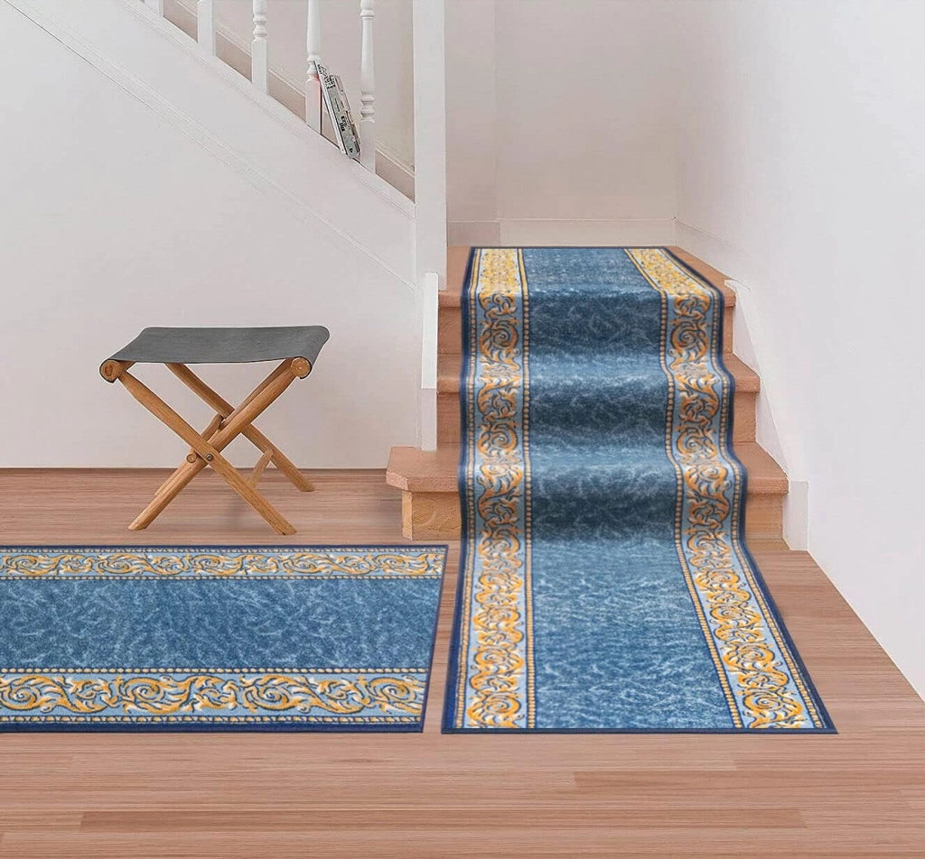 Passatoia Scala Bordata 67x120 cm Ingresso Corridoio Tappeto Cucina Gradini Stile Barocco Blu