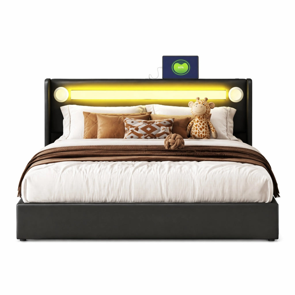 Letto imbottito 160x200 cm in PU nero con LED, Bluetooth, USB e vano contenitore