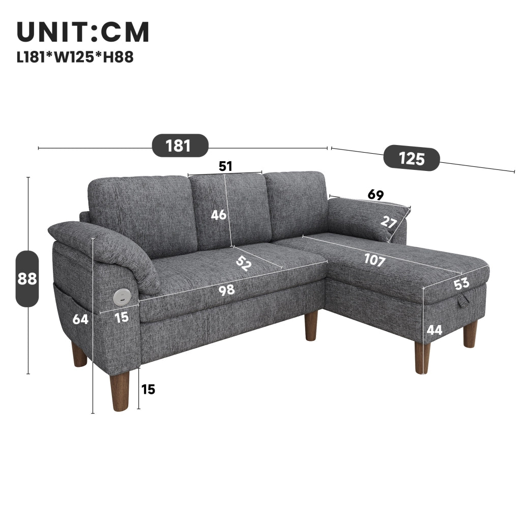 Divano angolare a L 3 posti con chaise longue reversibile; contenitore; USB/Type-C; grigio chiaro