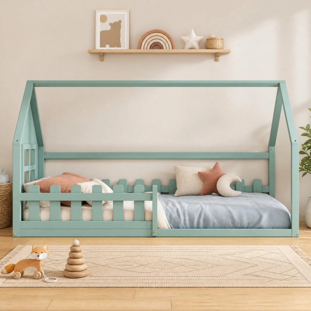 LETTO per bambini a forma di casa 90x200 cm in pino verde