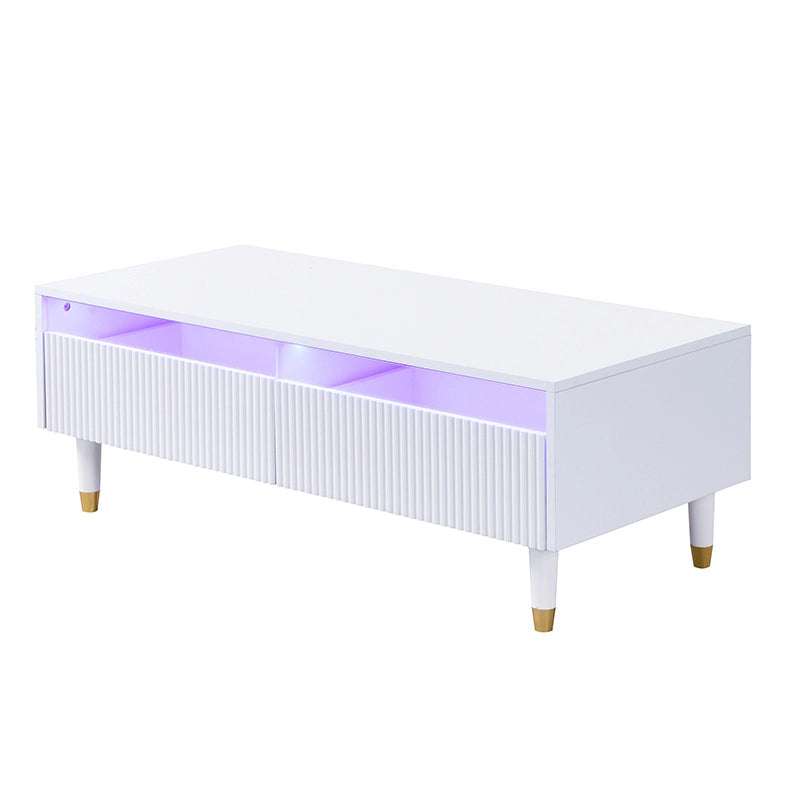 Tavolino 110x50x40 cm in MDF bianco con LED multicolore e 2 cassetti