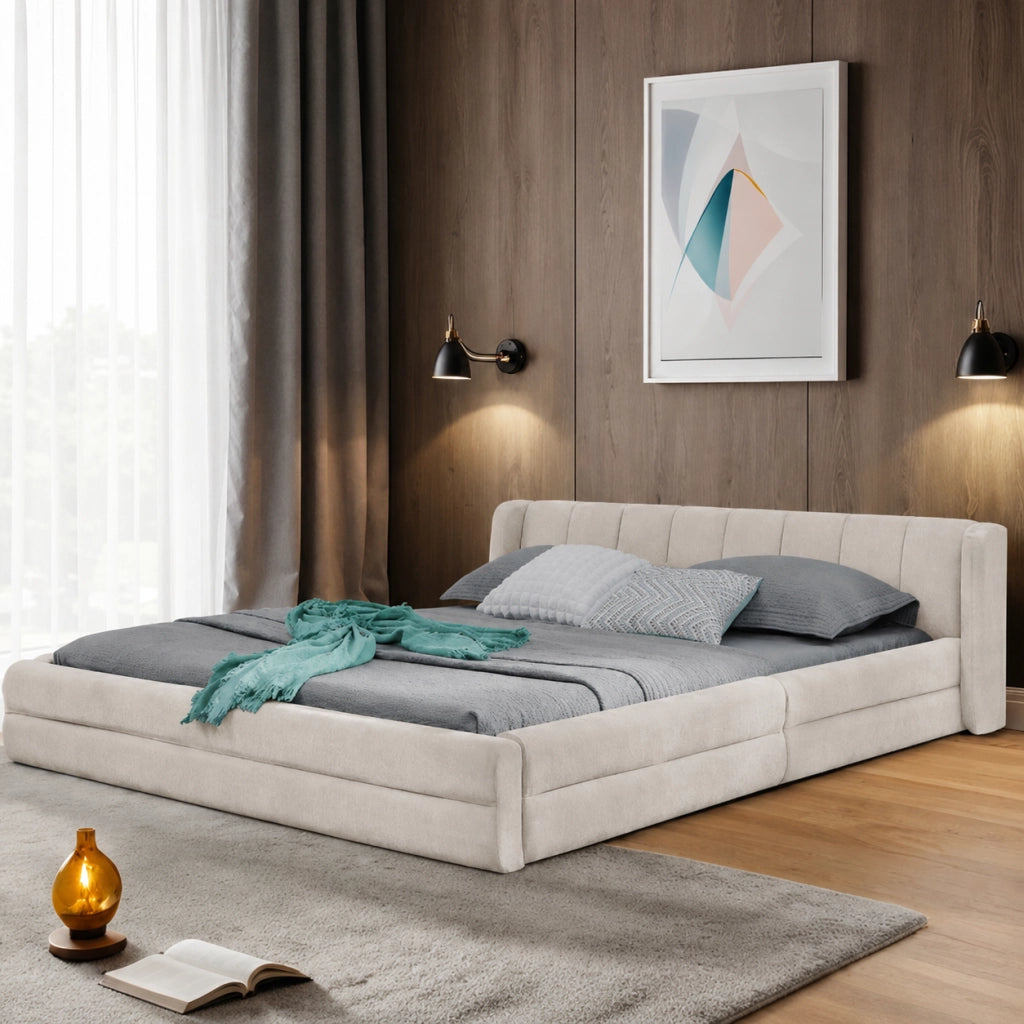 Letto 140x200 cm con testiera ergonomica e struttura robusta; beige