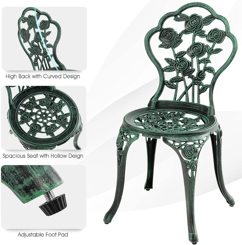 Set Tavolo da Bistrot in Fusione di Alluminio Set da 3 Pezzi Tavolino con 2 Sedie per Giardino Balcone Bordo Piscina, Colore Verde Bronzo/Bianco (Verde Bronzo)