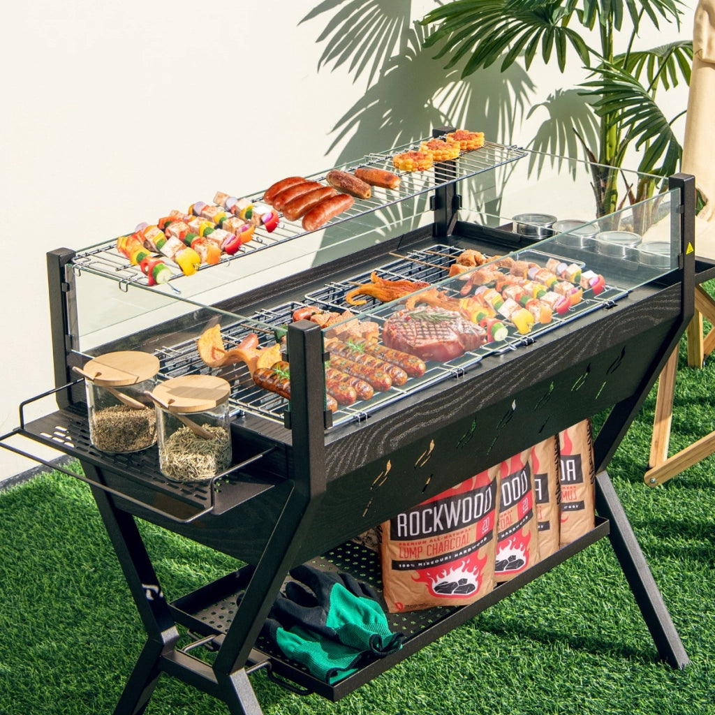 Barbecue a carbone in acciaio con protezione antivento ripiani per condimenti, Set di griglie per barbecue Marrone-Accessori per barbecue