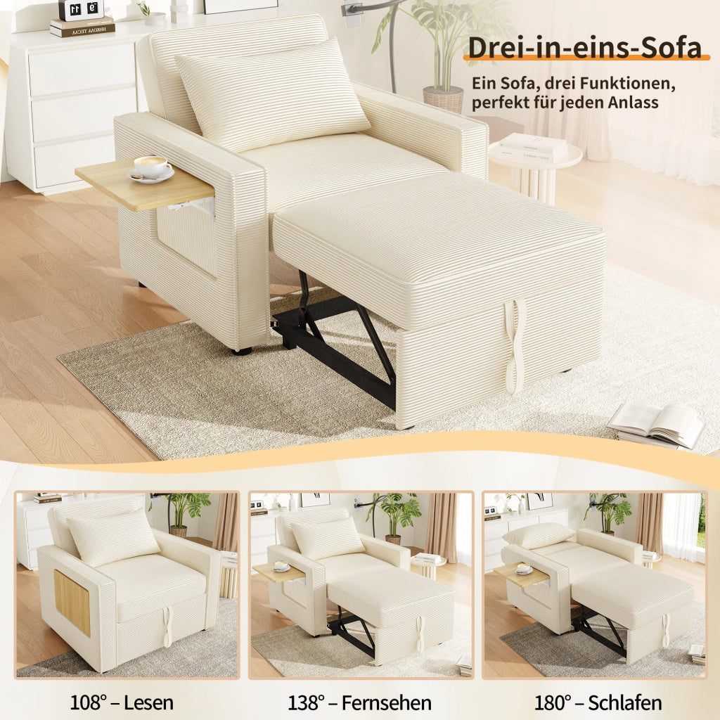 Divano letto 1 posto - con schienale regolabile; USB e porta smartphone - in tessuto a coste beige